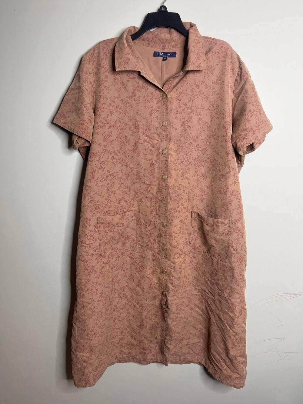 HSZ Studio Woman Short Sleeve Button Front Brown Floral 2X